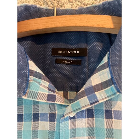 Bugatchi Classic Fit Mens Long Sleeve Button-Up Shirt Blue & White Plaid Pattern - Picture 3 of 10